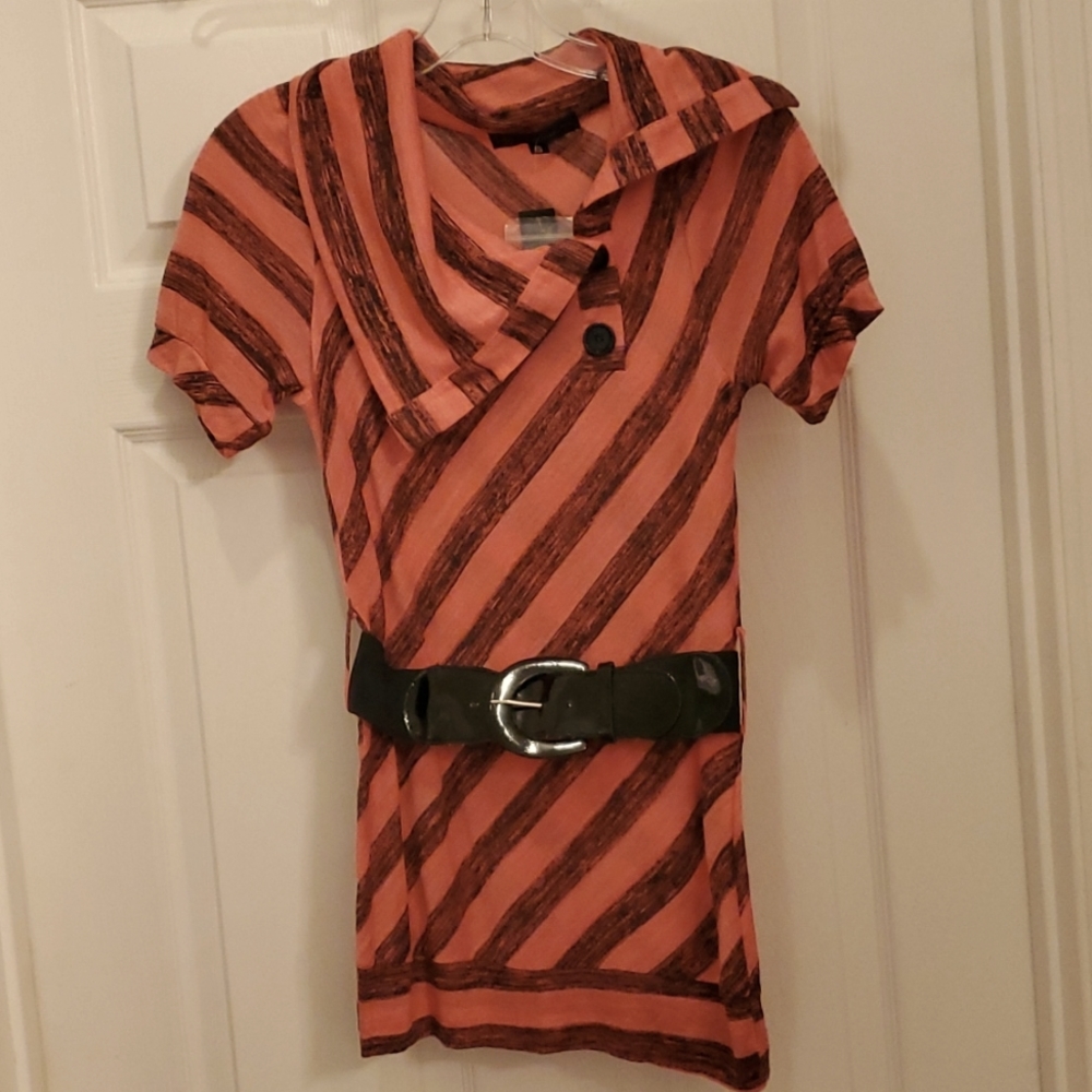 NWT HeartSoul Girl's Small Coral & Black Striped Top with Black Belt